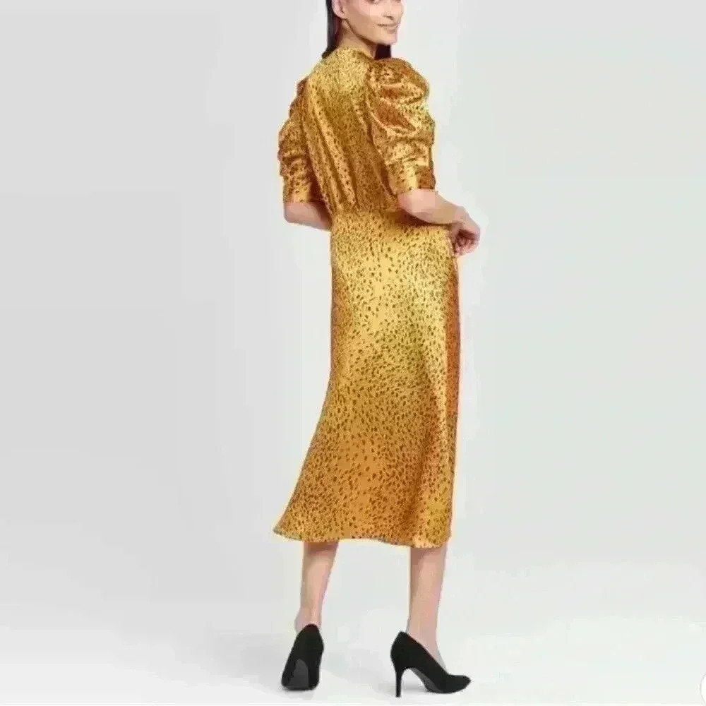 Who what wear Gold leopard print puff sleeve dress size large L - Picture 2 of 8